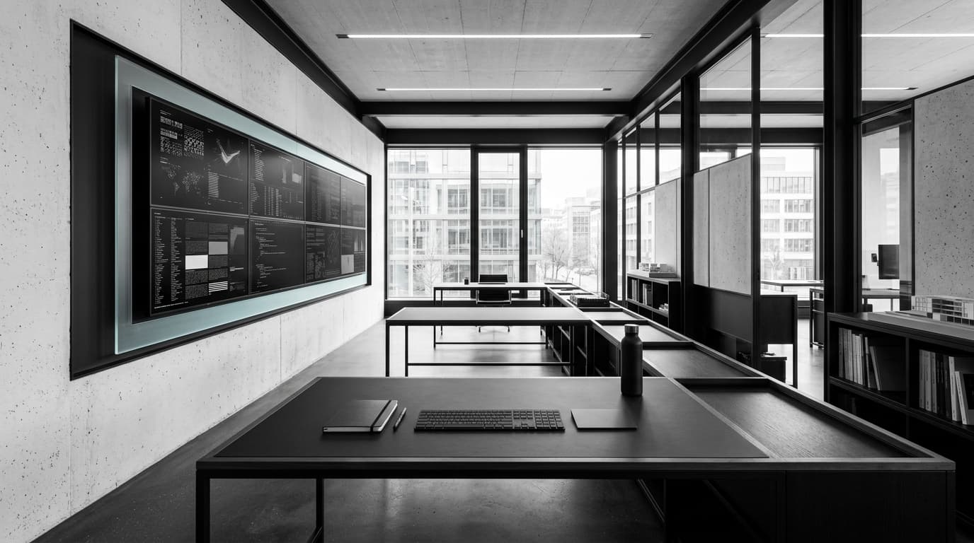 Architectural in-house studio with production lighting, camera gear, and engineering planning boards